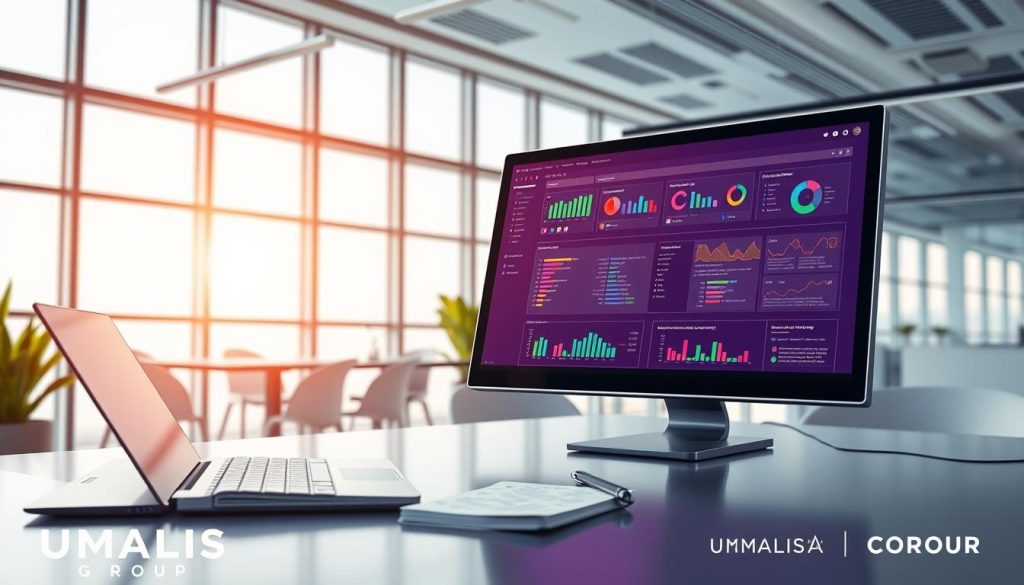 A visually captivating illustration of "Structured Data for SEO," showcasing a sleek, modern digital workspace. In the foreground, a computer screen displays an organized layout of structured data dashboards featuring graphs, codes, and metadata in vibrant colors. The middle ground features an open laptop with an array of SEO tools displayed, while a notepad with strategic notes rests beside it. The backdrop consists of a contemporary office environment with large windows, allowing soft natural light to flood in, creating a bright, inviting atmosphere. The overall mood should be professional and innovative, reflecting a sense of heightened visibility and clarity in digital marketing. Include subtle branding elements of "UMALIS GROUP" integrated into the design, ensuring a polished and cohesive appearance.