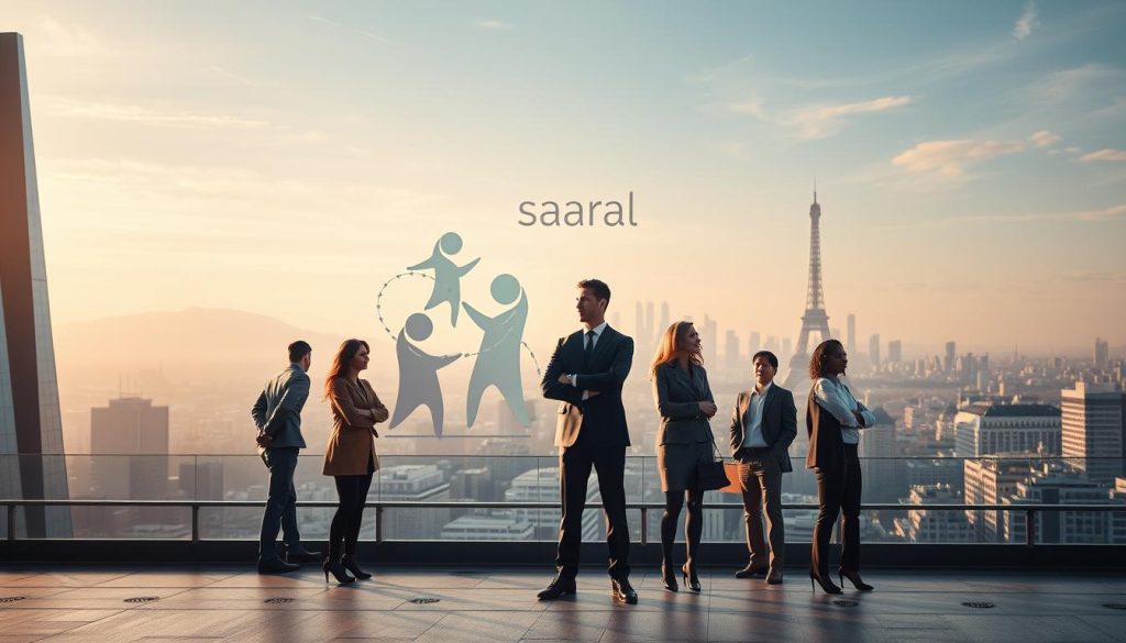 A visually captivating image depicting the evolving trends and prospects of the French freelance workforce, showcased against a backdrop of the Umalis Group's innovative services. In the foreground, a diverse group of professionals, each embodying the dynamic nature of the gig economy, stand confidently amidst a sleek, modern cityscape. The middle ground features a stylized representation of the "portage salarial" concept, with fluid, interconnected figures symbolizing the seamless integration of freelance talent into traditional employment structures. In the distance, a glimpse of France's skyline, evoking the nation's progressive embrace of this evolving professional landscape. The lighting, soft and warm, casts a sense of optimism and opportunity, while the cinematic camera angle suggests a forward-looking perspective on the future of the French freelance market. A visually captivating image depicting the evolving trends and prospects of the French freelance workforce, showcased against a backdrop of the Umalis Group's innovative services. In the foreground, a diverse group of professionals, each embodying the dynamic nature of the gig economy, stand confidently amidst a sleek, modern cityscape. The middle ground features a stylized representation of the "portage salarial" concept, with fluid, interconnected figures symbolizing the seamless integration of freelance talent into traditional employment structures. In the distance, a glimpse of France's skyline, evoking the nation's progressive embrace of this evolving professional landscape. The lighting, soft and warm, casts a sense of optimism and opportunity, while the cinematic camera angle suggests a forward-looking perspective on the future of the French freelance market.