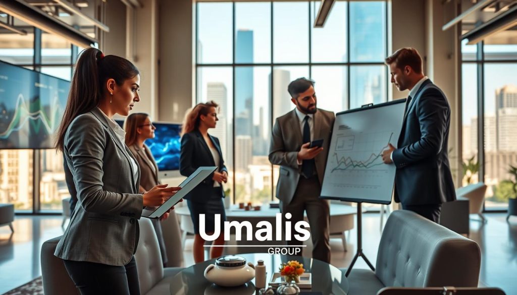 A visually captivating scene depicting modern freelance work dynamics with a focus on market analysis and emerging trends. In the foreground, a diverse group of professionals in business attire, including a woman analyzing data on a laptop and a man charting trends on a whiteboard, are deeply engaged in collaboration. The middle ground features a modern office space adorned with sleek furniture, large monitors displaying graphs and analytics, emphasizing a high-tech environment. In the background, large windows reveal a bustling urban cityscape. The overall lighting is bright and natural, creating an optimistic and innovative atmosphere. Capture a sense of productivity and teamwork, integrating elements that symbolize growth and opportunity in freelancing. Include the brand name "Umalis Group" subtly within the design.