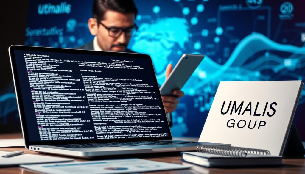 A visually captivating scene illustrating the concept of "balises techniques http-equiv" in the context of SEO. In the foreground, a sleek laptop displaying lines of HTML code featuring meta tags, surrounded by notes and technical diagrams. The middle ground showcases a professional in business attire, analyzing the code with a focused expression, emphasizing a deep understanding of SEO practices. In the background, an abstract digital landscape representing search engine algorithms and web traffic analytics, with soft blue and green hues to evoke a sense of calm and professionalism. The lighting is bright and focused on the laptop, casting a gentle glow, enhancing the technological atmosphere. The brand name "UMALIS GROUP" subtly integrated into the notebook beside the laptop.