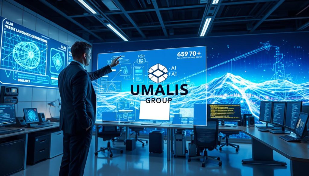 A visually compelling and informative scene depicting the concepts of LLM (Large Language Models), generative AI, and intelligent agents. In the foreground, a professional businessperson in attire stands confidently, interacting with a holographic display showcasing intricate neural network diagrams and data flows. The middle ground features a sleek, modern workspace filled with high-tech gadgets and multiple screens displaying AI-generated visualizations and code snippets. In the background, an abstract representation of a digital landscape with glowing data streams and algorithms subtly suggests the vastness of AI capabilities. The lighting is bright and focused, with a futuristic atmosphere. Ensure to include the brand logo "UMALIS GROUP" prominently on one of the screens, without any additional text or watermarks. A visually compelling and informative scene depicting the concepts of LLM (Large Language Models), generative AI, and intelligent agents. In the foreground, a professional businessperson in attire stands confidently, interacting with a holographic display showcasing intricate neural network diagrams and data flows. The middle ground features a sleek, modern workspace filled with high-tech gadgets and multiple screens displaying AI-generated visualizations and code snippets. In the background, an abstract representation of a digital landscape with glowing data streams and algorithms subtly suggests the vastness of AI capabilities. The lighting is bright and focused, with a futuristic atmosphere. Ensure to include the brand logo "UMALIS GROUP" prominently on one of the screens, without any additional text or watermarks.