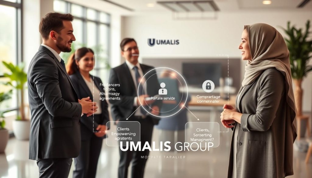 A visually compelling illustration of the concept of "Relation tripartite portage salarial" in a freelance context. In the foreground, portray a diverse group of three professionals (a man and a woman in business attire, and a woman in a modest casual outfit) engaged in a discussion, symbolizing collaboration. The middle layer should depict a transparent diagram illustrating the tripartite agreement between freelancers, a portage company, and clients, with glowing lines connecting the three parties to signify security and support. In the background, a modern office setting with soft lighting, large windows, and greenery adds a sense of professionalism and comfort. The overall mood should convey trust and empowerment, with an emphasis on connection and collaboration, featuring the logo of "UMALIS GROUP" subtly integrated into the office décor.