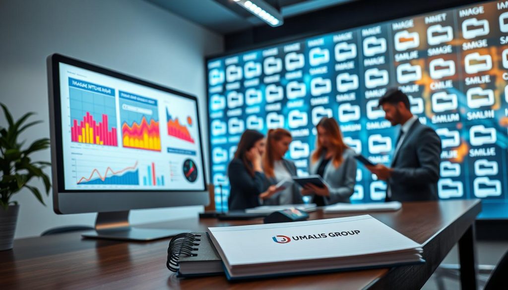 A visually compelling image illustrating the concept of "image SEO optimization" for online visibility. In the foreground, a well-organized digital workspace featuring a computer screen displaying vibrant graphs and analytics related to image data. The middle layer showcases a diverse group of professionals in smart business attire, analyzing images on their tablets and discussing strategies. In the background, a large digital display highlights various image formats and file names, emphasizing technical aspects of optimization. Soft ambient lighting enhances the focus on the screen, while a creative and collaborative atmosphere fills the room. The brand name "UMALIS GROUP" is subtly featured on a notepad on the table, adding a touch of professionalism. The overall mood should be innovative and forward-thinking. A visually compelling image illustrating the concept of "image SEO optimization" for online visibility. In the foreground, a well-organized digital workspace featuring a computer screen displaying vibrant graphs and analytics related to image data. The middle layer showcases a diverse group of professionals in smart business attire, analyzing images on their tablets and discussing strategies. In the background, a large digital display highlights various image formats and file names, emphasizing technical aspects of optimization. Soft ambient lighting enhances the focus on the screen, while a creative and collaborative atmosphere fills the room. The brand name "UMALIS GROUP" is subtly featured on a notepad on the table, adding a touch of professionalism. The overall mood should be innovative and forward-thinking.