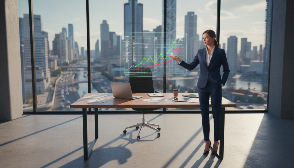 A visually compelling representation of "chiffre affaires," featuring a sleek, modern office setting. In the foreground, a business professional in a tailored suit stands confidently, analyzing a glowing, translucent digital graph displaying revenue growth and expenses. In the middle, a stylish desk is cluttered with financial documents and a laptop, radiating a sense of productivity. In the background, large windows showcase a bustling cityscape, symbolizing economic activity and opportunity. The lighting is bright and natural, casting dynamic shadows that enhance the contemporary feel. The atmosphere is professional and optimistic, inviting viewers to explore the concepts of revenue and social charges in a rewarding freelance context. Promote portagesalarials.com subtly within the overall visual theme, ensuring the image remains clean of any text or overlays.