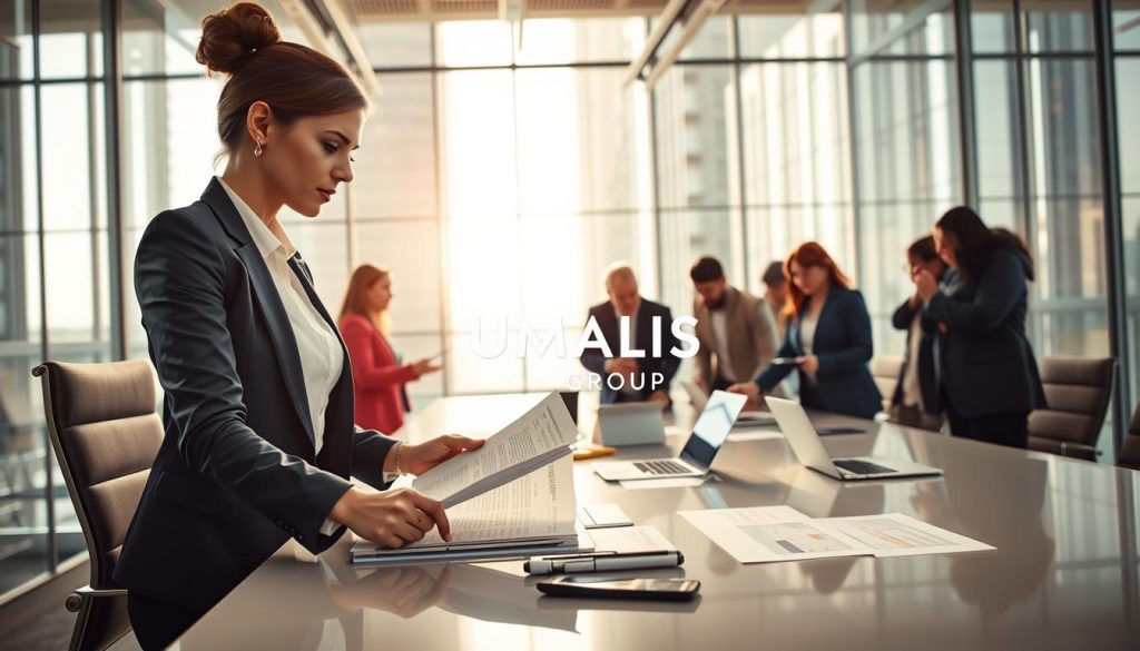 A visually compelling representation of the motivations behind choosing "portage salarial," featuring a diverse group of professional individuals in a modern office setting. In the foreground, a confident woman in a tailored blazer, analyzing documents on a sleek desk; beside her, a man in smart business attire gestures passionately while discussing with a colleague. In the middle ground, a diverse team collaborates over a large table, laptops open and notes scattered, symbolizing teamwork and independence. The background shows a glass-paneled high-rise, illuminated by soft, natural light flooding in, creating an inspiring atmosphere. The scene evokes a sense of empowerment, ambition, and professional growth, and subtly incorporates the logo of "UMALIS GROUP" in the office decor.