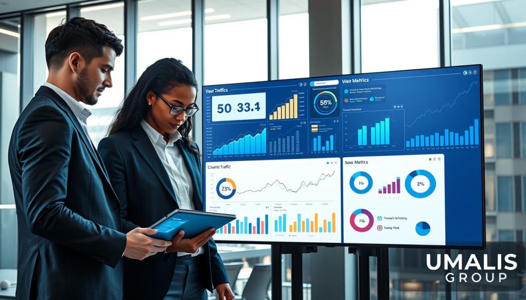 A visually compelling scene depicting effective SEO strategies and web performance optimization. In the foreground, a diverse group of three professionals in smart business attire (two men and one woman) intensely discuss a digital dashboard displaying website traffic analytics on a futuristic tablet. In the middle, a large screen shows various graphs and charts illustrating SEO metrics, highlighting upward trends and engagement statistics. The background features a modern office with glass walls, symbolizing transparency and innovation, bathed in natural light from large windows, casting soft shadows. The atmosphere is focused and dynamic, encapsulating a spirit of collaboration and ambition. Include the logo of "UMALIS GROUP" subtly integrated into the digital dashboards, emphasizing expertise in online visibility.