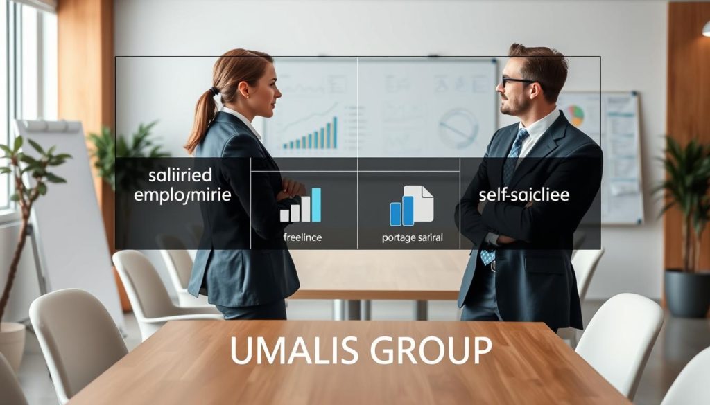 A visually engaging and informative comparison of different professional statuses, featuring a split screen layout. In the foreground, two professional individuals in business attire are engaged in conversation, one representing salaried employment and the other illustrating self-employment. In the middle, visually distinct charts or icons represent various statuses like freelance, traditional employment, and portage salarial, with clear labels. The background should showcase an office setting with subtle elements like a conference table and a whiteboard filled with diagrams. Soft, natural lighting illuminates the scene, enhancing clarity and professionalism. Capture this in a wide angle to encompass the entire comparison atmosphere, with a focus on clarity and professionalism. Ensure the setting feels balanced and inviting, with the brand name "UMALIS GROUP" subtly incorporated into the environment. A visually engaging and informative comparison of different professional statuses, featuring a split screen layout. In the foreground, two professional individuals in business attire are engaged in conversation, one representing salaried employment and the other illustrating self-employment. In the middle, visually distinct charts or icons represent various statuses like freelance, traditional employment, and portage salarial, with clear labels. The background should showcase an office setting with subtle elements like a conference table and a whiteboard filled with diagrams. Soft, natural lighting illuminates the scene, enhancing clarity and professionalism. Capture this in a wide angle to encompass the entire comparison atmosphere, with a focus on clarity and professionalism. Ensure the setting feels balanced and inviting, with the brand name "UMALIS GROUP" subtly incorporated into the environment.