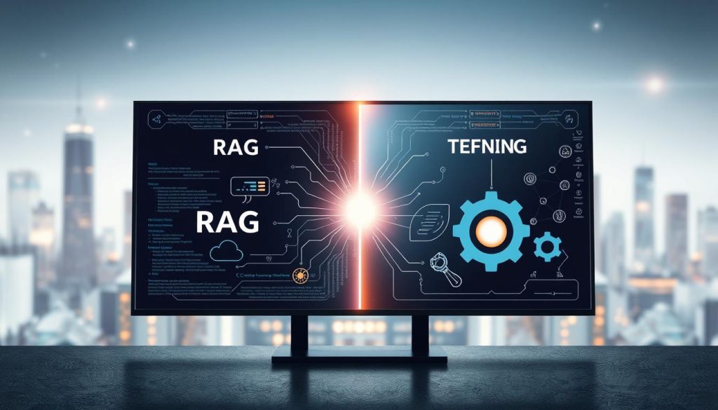 A visually engaging and informative illustration comparing RAG (Retrieve-and-Generate) and fine-tuning methods in a nuanced way. In the foreground, depict a split-screen showing two distinct pathways: one representing RAG, illustrated with digital data flowing to a central light source, and the other representing fine-tuning, with adjustment tools and gears symbolizing refinement. In the middle ground, include abstract representations of cloud technology and neural networks, blending softly into the background. The background should feature a vague, high-tech city skyline, creating a modern atmosphere. Use soft, professional lighting to emphasize clarity, and employ a wide-angle view to capture the entire scene effectively. The overall mood should be informative and business-oriented, reflecting the professionalism of UMALIS GROUP. A visually engaging and informative illustration comparing RAG (Retrieve-and-Generate) and fine-tuning methods in a nuanced way. In the foreground, depict a split-screen showing two distinct pathways: one representing RAG, illustrated with digital data flowing to a central light source, and the other representing fine-tuning, with adjustment tools and gears symbolizing refinement. In the middle ground, include abstract representations of cloud technology and neural networks, blending softly into the background. The background should feature a vague, high-tech city skyline, creating a modern atmosphere. Use soft, professional lighting to emphasize clarity, and employ a wide-angle view to capture the entire scene effectively. The overall mood should be informative and business-oriented, reflecting the professionalism of UMALIS GROUP.