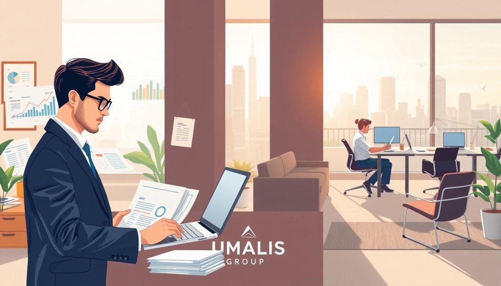 A visually engaging and informative illustration of financial comparison between self-employed freelancers and those using portage salarial. In the foreground, depict a business-savvy professional in smart casual attire analyzing financial documents on a sleek laptop, surrounded by charts and graphs representing earnings and expenses. In the middle, create a split scene showing contrasting lifestyles: one side features a relaxed freelancer working from a cozy home office, and the other side depicts a polished coworking space occupied by portage salarial professionals. The background should have a city skyline suggesting financial growth, bathed in soft, natural light to convey a positive atmosphere. Incorporate the brand "UMALIS GROUP" subtly in the design, ensuring the overall composition remains clear, focused, and professional, without text or annotations.