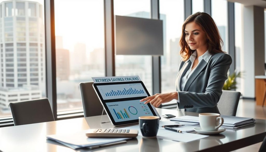 A visually engaging and informative scene depicting a retirement savings plan concept, set in a modern office environment. In the foreground, a professional woman in business attire points at a digital tablet displaying graphs and charts related to savings and investments. In the middle ground, a sleek desk cluttered with financial documents, a calculator, and a coffee cup signifies work and analysis. The background features large windows with soft natural light filtering in, showcasing a city skyline, evoking a sense of progress and future planning. The atmosphere is focused and optimistic, reflecting the importance of financial security and benefits. Include subtle branding for "UMALIS GROUP" integrated within the office décor. Bright, professional lighting highlights the scene, creating an inspiring workspace.