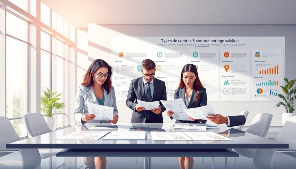 A visually engaging and professional illustration depicting the concept of "Types de contrats portage salarial." In the foreground, show a diverse group of three professionals in smart business attire examining various contract documents on a sleek conference table. In the middle ground, include a stylish, modern office setting with large windows allowing natural light to flood the space, highlighting the documents. The background should feature a large wall with infographics representing different types of employment contracts, incorporating visuals like icons or charts. The mood should be professional and collaborative, with a soft color palette enhancing the atmosphere. Ensure the brand name "UMALIS GROUP" is subtly incorporated into the decor of the office environment. Aim for a clear, focused, and polished composition.