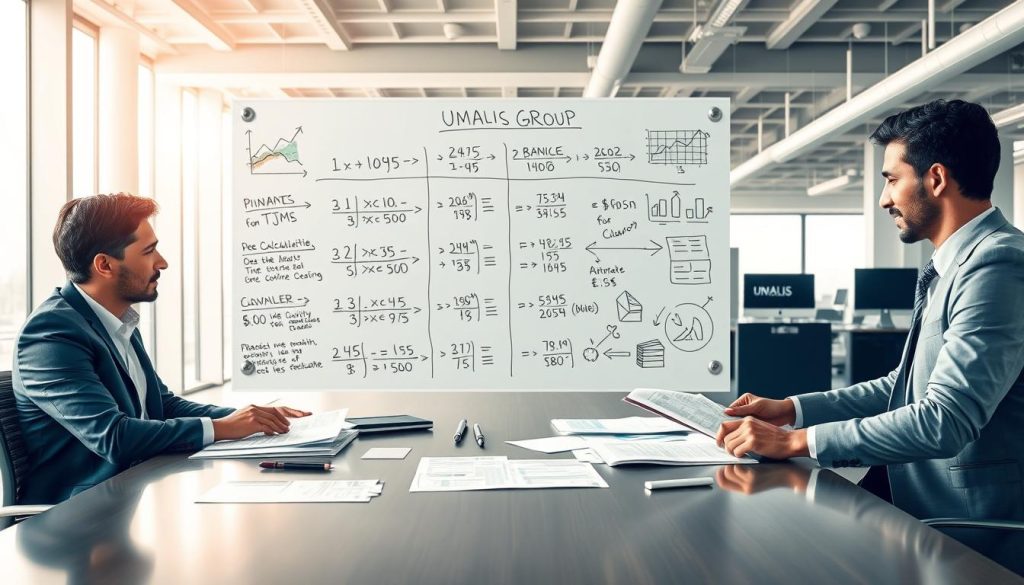 A visually engaging and professional illustration depicting the concept of calculating daily average rates (TJM) for freelancers. In the foreground, a diverse group of business professionals—two men and a woman—are gathered around a modern conference table, analyzing charts and financial documents. They are dressed in professional attire, exuding focus and collaboration. The middle layer features a large, clear whiteboard filled with handwritten calculations, bullet points, and graphics demonstrating various methods of calculation. In the background, an expansive office with large windows lets in soft, natural light, creating a bright and motivating atmosphere. A subtle presence of the brand name "UMALIS GROUP" can be seen on a piece of equipment. The overall mood is one of determination and professionalism, driving towards financial clarity.