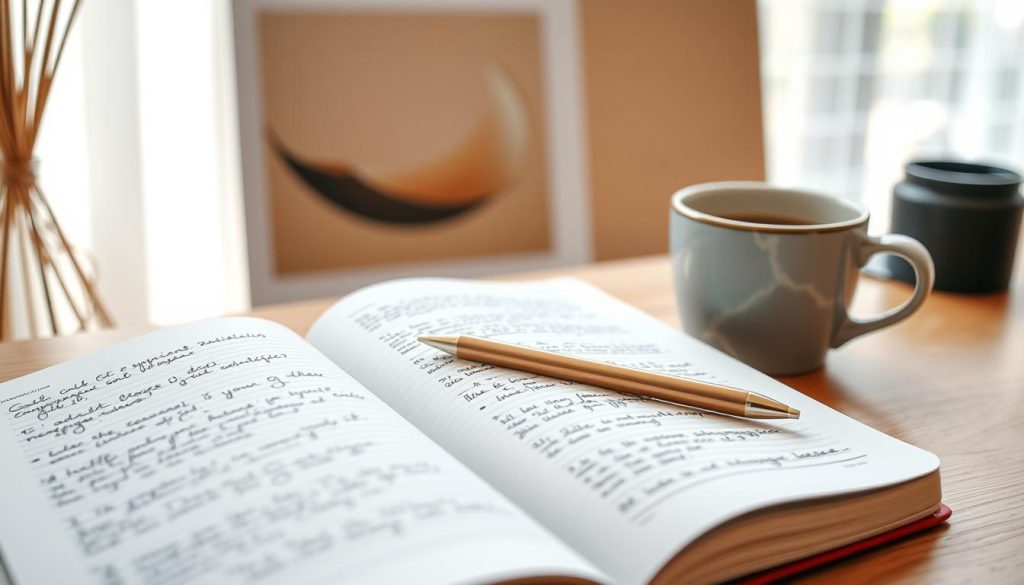A visually engaging blog post layout showcasing a variety of design elements. In the foreground, a crisp close-up of an open notebook with handwritten notes, a pen, and a cup of coffee. In the middle ground, a large, high-quality image capturing the topic of the post, perhaps an abstract illustration or a professional photograph. In the background, a subtle grid pattern or minimalist geometric shapes in a warm, earthy color palette. Soft, natural lighting illuminates the scene, creating a cozy, productive atmosphere. The overall composition conveys a sense of thoughtful, well-crafted visual storytelling. Umalis Group.