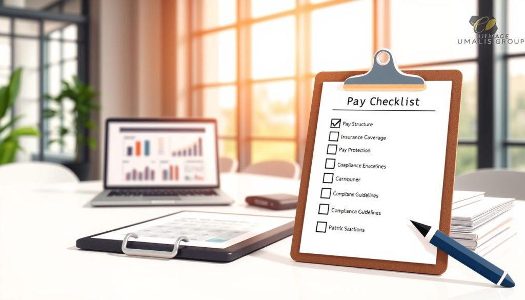 A visually engaging checklist illustration for "Portage salarial pay and protection" featuring a professional workspace. Foreground: a clean desk with a clipboard displaying a detailed checklist, items including 'Pay Structure', 'Insurance Coverage', and 'Compliance Guidelines' clearly marked. Middle ground: a laptop open with financial data charts on display, a calculator, and a neatly organized stack of documents. Background: a subtle view of a modern office with large windows, allowing natural light to flood the space, creating a warm and inviting atmosphere. The mood is one of professionalism and clarity, conveying readiness and strategic organization. Ensure the presence of an elegant logo for "Umalis Group" subtly included in the corner, with no text or markings elsewhere, focusing solely on the checklist theme.