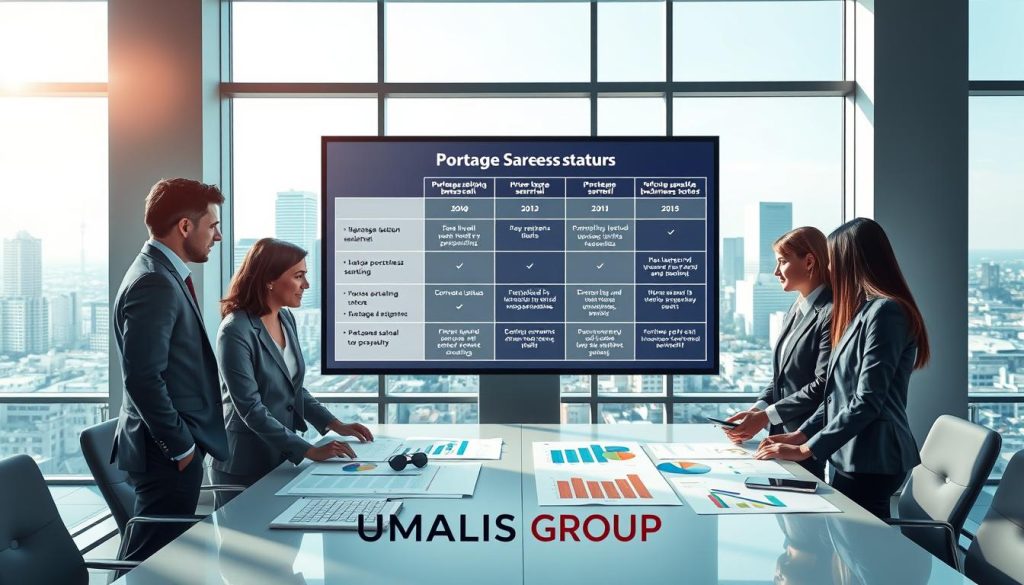 A visually engaging comparative illustration of "portage salarial" versus other business statuses, set in a modern office environment. In the foreground, a diverse group of professionals in smart business attire analyzes charts and graphs displayed on a sleek table. The middle ground features a large digital screen showcasing a comparison infographic with key benefits and features of portage salarial outlined clearly. In the background, a vibrant city skyline can be seen through a large window, with soft natural lighting streaming in, creating a bright and optimistic atmosphere. The scene conveys professionalism, collaboration, and innovation, highlighting the advantages of portage salarial in a corporate setting. Incorporate the brand name "UMALIS GROUP" subtly within the design, ensuring it remains consistent with the overall focus of the image.