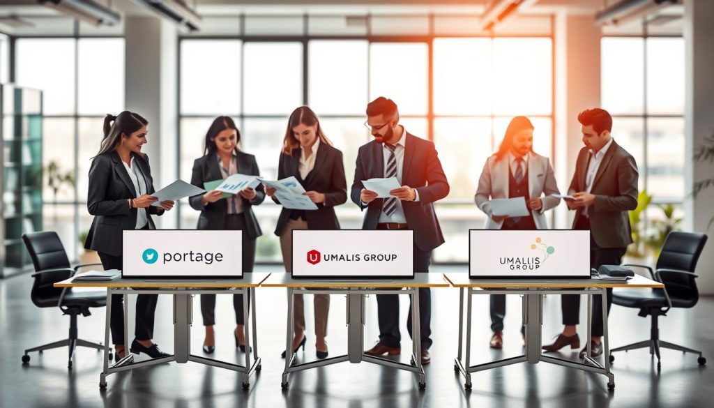 A visually engaging comparison of different business models in a professional setting focused on "portage salarial." In the foreground, feature a diverse group of individuals in business attire, analyzing charts and graphs, emphasizing collaboration. In the middle, showcase three distinct desks, each adorned with branding elements and logos representing various portage companies, including UMALIS GROUP. The background should present an open office environment with large windows allowing soft, natural light to illuminate the scene, creating a warm and inviting atmosphere. Use a shallow depth of field to focus on the individuals while softly blurring the background, enhancing the sense of discussion and decision-making. The overall mood should convey professionalism, clarity, and teamwork while avoiding any distracting elements.