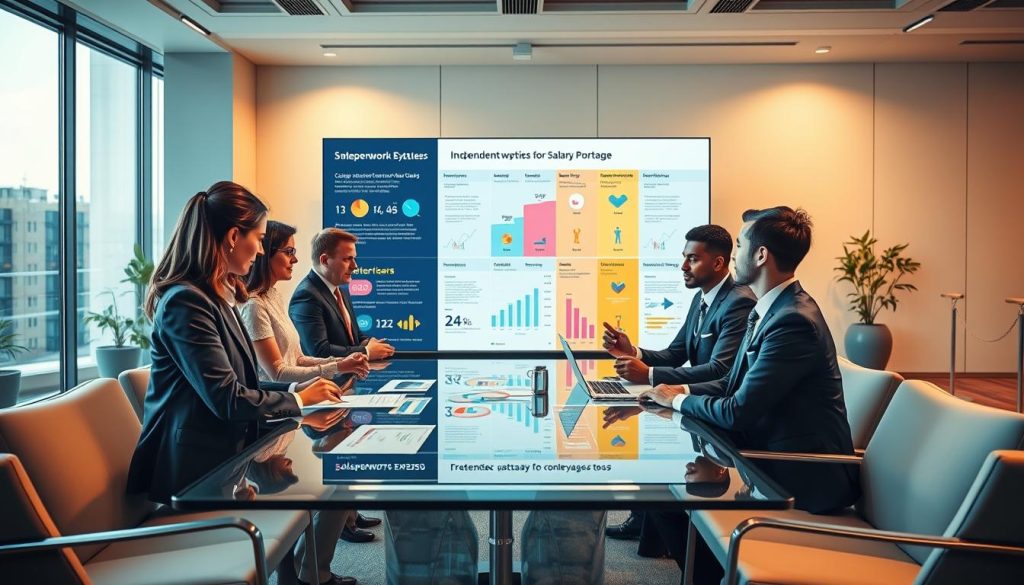 A visually engaging comparison of different independent work statuses, focusing specifically on the advantages of salary portage for cybersecurity experts. In the foreground, feature a diverse group of professionals in smart business attire, discussing charts and graphs on a transparent glass table. The middle ground showcases a large digital display screen with colorful infographics comparing various independent work statuses, such as freelance, salary portage, and other contractual roles. The background should depict a modern office environment with sleek furniture and large windows allowing natural light to fill the scene. Soft, warm lighting enhances a professional and collaborative atmosphere, encouraging viewers to feel motivated and informed. The scene should be captured from a slightly elevated angle to provide a comprehensive view of the discussion and visuals.