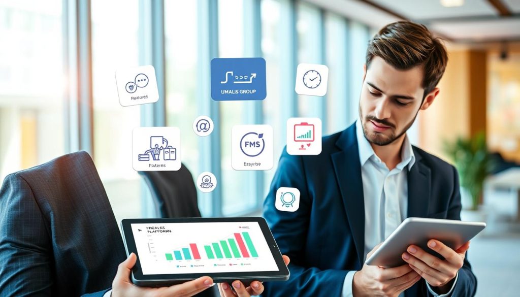 A visually engaging comparison of freelance platforms in France, featuring a modern workspace scene. In the foreground, a confident freelance professional in smart business attire, closely examining a digital tablet displaying graphs of different platforms. In the middle, floating icons representing major freelance platforms, like UMALIS GROUP, creatively illustrated to show features like reviews, fees, and ease of use. The background should depict a bright and inviting office environment with large windows letting in natural light, creating a productive atmosphere. Use a warm color palette with soft focus for a professional yet approachable feel, shot from a slight angle to add depth and interest.