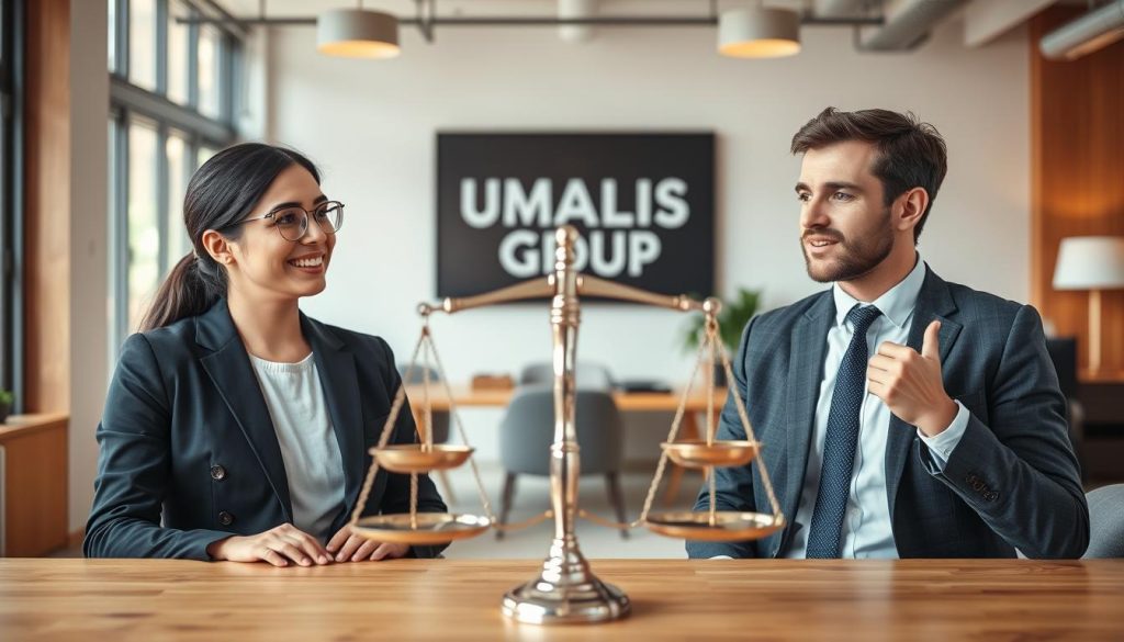 A visually engaging comparison of freelance status benefits and drawbacks, featuring a split scene. In the foreground, two professionals in smart business attire are engaged in discussions: one showcasing the advantages of freelance work with a confident smile, and the other presenting the challenges with a thoughtful expression. The middle ground displays a balanced scale, symbolizing the weighing of pros and cons. In the background, a modern office environment contrasts relaxed settings, such as a cozy home office. Warm, natural lighting creates an inviting atmosphere, with soft focus on the professionals in the foreground to emphasize their expressions. Incorporate the brand name "UMALIS GROUP" subtly within the office environment as part of a wall art piece.