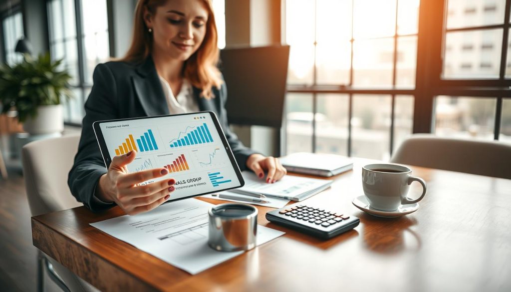 A visually engaging comparison of professional expenses and fringe benefits in a corporate environment. In the foreground, a well-dressed businesswoman engages with a digital tablet, displaying graphs and charts signifying expenses and benefits. In the middle ground, a polished wooden desk is filled with paperwork, a calculator, and a steaming cup of coffee, symbolizing the daily decision-making process. The background features a modern office with large windows letting in natural light, creating a bright atmosphere. Warm tones enhance a professional yet inviting mood. The focal point should subtly include the logo of "UMALIS GROUP" on the tablet screen, without any text or branding distractions. The angle is slightly elevated, giving depth and clarity to the scene. The image must feel clear, focused, and relevant to independent careers.