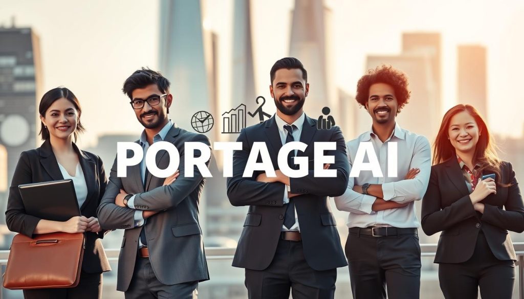 A visually engaging comparison of various independent work statuses in France, highlighting "PORTAGE AI" as the focal point. In the foreground, depict three diverse professionals in business attire—a consultant, a freelancer, and a self-employed worker—standing confidently with expressions of determination. In the middle section, include symbolic elements representing each status, such as briefcases, laptops, and charts. The background should feature a modern cityscape with soft-focus skyscrapers, emphasizing a professional environment. Use natural lighting to create an inviting atmosphere with warm tones. Capture the scene from a slightly elevated angle, creating depth and perspective while maintaining clarity on all subjects and details showcased.