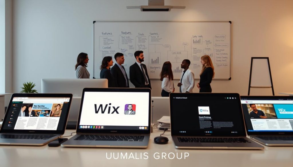 A visually engaging comparison of various website creation platforms. In the foreground, display an organized workspace with sleek laptops and tablets showcasing different platform interfaces like WordPress, Wix, and Squarespace, each illuminated by soft, warm lighting. In the middle ground, include a diverse group of professionals dressed in smart business attire, actively discussing and analyzing the platforms. The background features a large whiteboard with flowcharts and notes highlighting key features of each platform. The atmosphere should convey focus and collaboration, with clear details capturing the technology and creativity involved in web development. Additional elements like charts or graphs can subtly hint at performance metrics. The brand name "UMALIS GROUP" is subtly integrated into the workspace design.