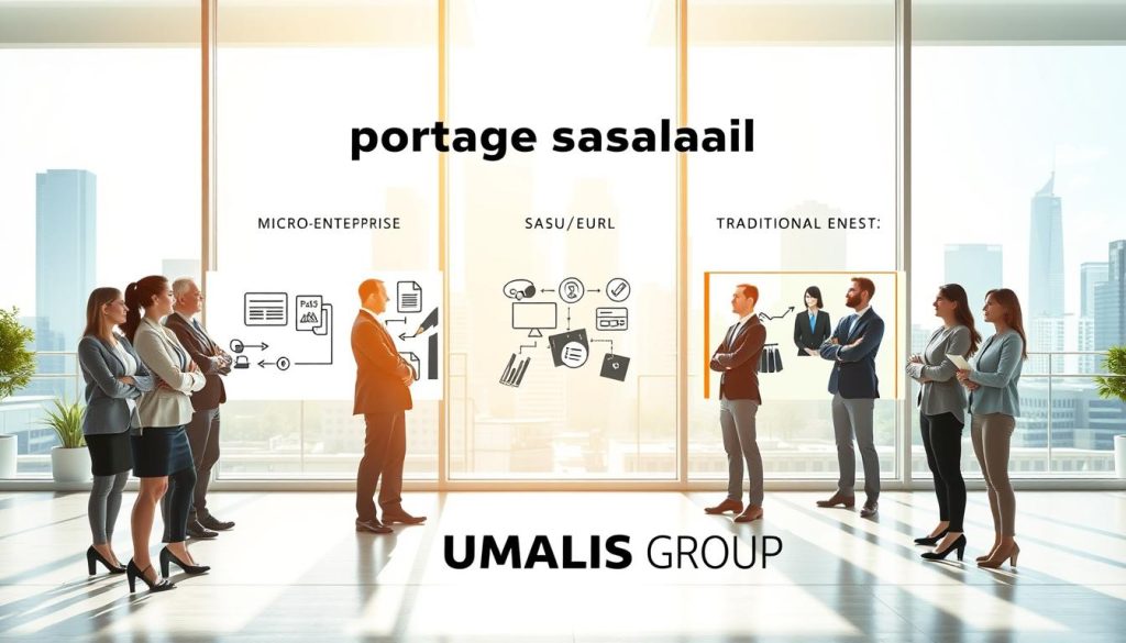 A visually engaging comparison scene illustrating the concept of "comparatif portage salarial." In the foreground, a diverse group of professionals in smart business attire stands in a circle, discussing the advantages of portage salarial, showcasing a mix of genders and ethnicities. In the middle ground, three distinct sections depict a micro-enterprise, a SASU/EURL office space, and a traditional employment setting, each with relevant icons or elements (like contracts, charts, and office supplies). The background features a bright office skyline, suggesting modernity and flexibility. Natural lighting filters through large windows, creating a professional atmosphere. The composition should exude a sense of collaboration and clarity, capturing the essence of comparison. Incorporate subtle branding of "UMALIS GROUP" in the environment, ensuring it blends seamlessly into the professional context without distractions. A visually engaging comparison scene illustrating the concept of "comparatif portage salarial." In the foreground, a diverse group of professionals in smart business attire stands in a circle, discussing the advantages of portage salarial, showcasing a mix of genders and ethnicities. In the middle ground, three distinct sections depict a micro-enterprise, a SASU/EURL office space, and a traditional employment setting, each with relevant icons or elements (like contracts, charts, and office supplies). The background features a bright office skyline, suggesting modernity and flexibility. Natural lighting filters through large windows, creating a professional atmosphere. The composition should exude a sense of collaboration and clarity, capturing the essence of comparison. Incorporate subtle branding of "UMALIS GROUP" in the environment, ensuring it blends seamlessly into the professional context without distractions.