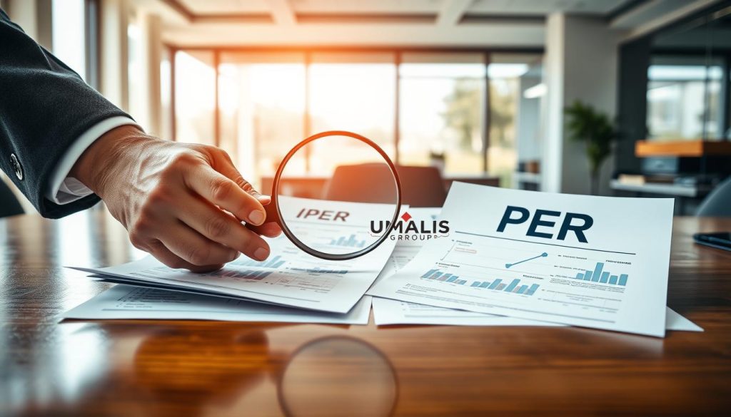 A visually engaging comparison scene showcasing "life insurance" and "PER" (Plan d'Épargne Retraite) documents side by side, on a polished wooden desk. In the foreground, a pair of hands in professional business attire is holding a magnifying glass over the documents, symbolizing scrutiny and analysis. In the middle, various financial charts and graphs can be seen partially obscured beneath the papers, representing data comparison. The background features a softly lit modern office environment with a large window, letting natural light illuminate the scene, creating a calm and professional atmosphere. The brand logo "UMALIS GROUP" is subtly included on one of the documents. The overall mood is analytical and focused, emphasizing the importance of transparency in management fees.