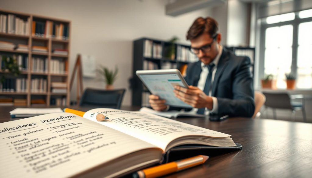 A visually engaging educational scene depicting the concept of "collocations inconvénients" in a professional setting. In the foreground, an open notebook with handwritten notes illustrating common collocations and expressions related to disadvantages, with a pencil resting beside it. In the middle ground, a businessperson in smart casual attire is thoughtfully analyzing a digital tablet displaying related information, surrounded by papers and charts. The background features a modern office environment with shelves filled with books and a large window allowing natural light to filter in, creating a warm and inviting atmosphere. Capture soft, diffused lighting to emphasize clarity and focus, utilizing a slightly tilted angle to invite viewers into the scene, conveying an atmosphere of learning and reflection. A visually engaging educational scene depicting the concept of "collocations inconvénients" in a professional setting. In the foreground, an open notebook with handwritten notes illustrating common collocations and expressions related to disadvantages, with a pencil resting beside it. In the middle ground, a businessperson in smart casual attire is thoughtfully analyzing a digital tablet displaying related information, surrounded by papers and charts. The background features a modern office environment with shelves filled with books and a large window allowing natural light to filter in, creating a warm and inviting atmosphere. Capture soft, diffused lighting to emphasize clarity and focus, utilizing a slightly tilted angle to invite viewers into the scene, conveying an atmosphere of learning and reflection.