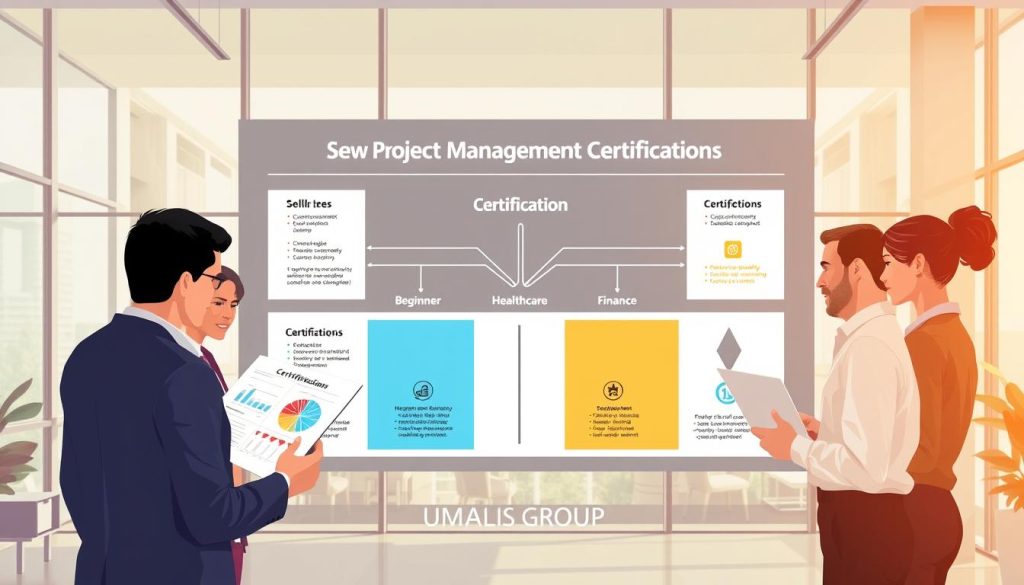 A visually engaging illustration depicting the concept of selecting project management certifications based on level, sector, and objectives. In the foreground, a diverse group of professionals, dressed in business attire, analyze charts and infographics that represent various certification paths. The middle ground features a large, stylized diagram that categorizes certifications according to skill levels (beginner, intermediate, advanced) and sectors (IT, healthcare, finance). The background showcases a modern office environment with large windows allowing natural light to flood in, creating a bright and motivating atmosphere. The overall mood is informative and inspiring, reflecting growth and professionalism. Include "UMALIS GROUP" subtly integrated into the design.