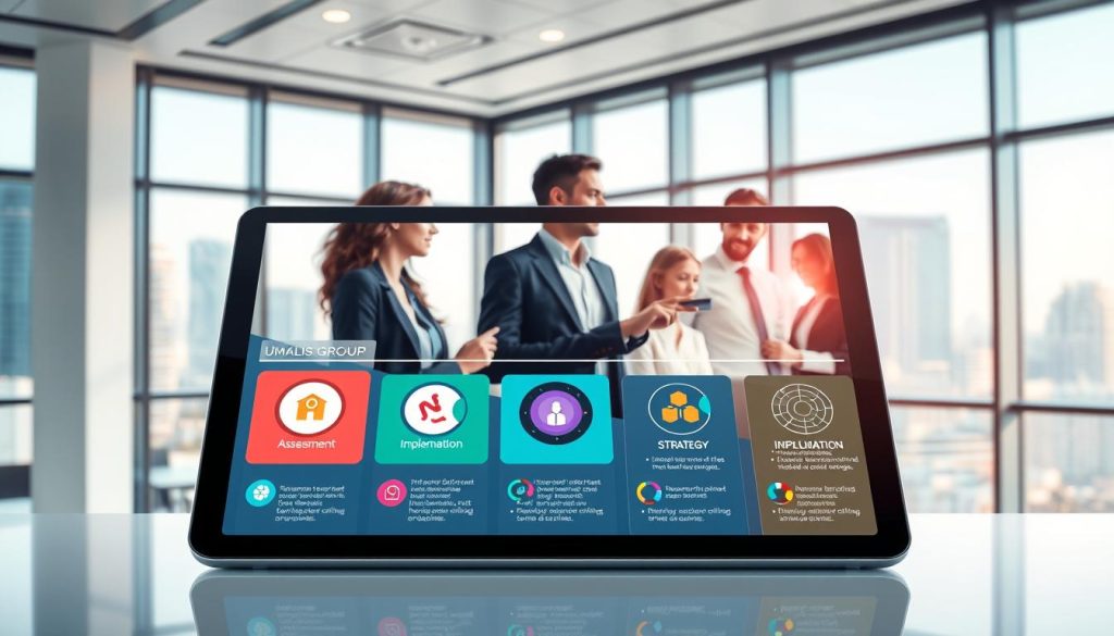 A visually engaging illustration depicting the deliverables at each stage of an AI consulting project for "UMALIS GROUP". In the foreground, a sleek digital tablet displays colorful infographics and flowcharts related to project milestones, reflecting different phases such as assessment, strategy, implementation, and evaluation. In the middle, a diverse group of professionals in business attire, including a woman with a laptop and a man pointing at a screen, collaborate in a bright, modern office space. The background features a large window with a cityscape view, showcasing a vibrant urban environment. The atmosphere is dynamic and professional, with soft, natural lighting highlighting the teamwork and innovation. The image should be clear and focused, emphasizing the structured approach to AI project deliverables without any text or additional elements.