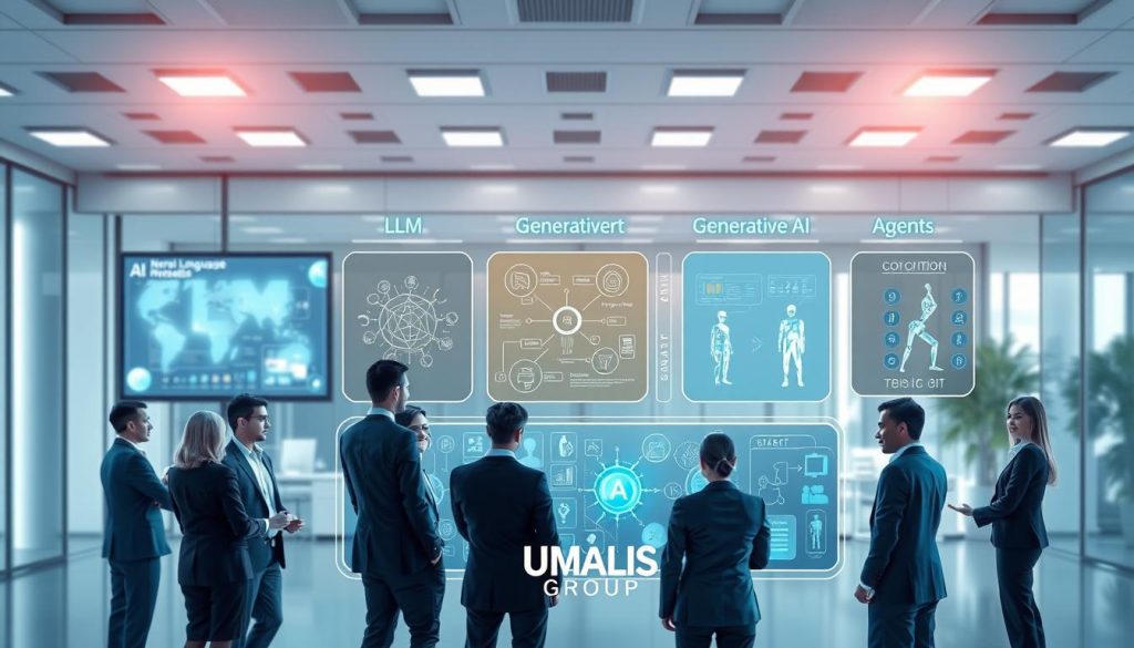 A visually engaging illustration depicting the differences between LLM (Large Language Models), Generative AI, and agents in a professional context. In the foreground, a diverse group of business professionals in smart attire interact around a futuristic digital interface, showcasing keywords and symbols related to each AI type—e.g., a neural network for LLM, creative art for Generative AI, and autonomous figures for agents. In the middle ground, digital screens display data flow and graphics representing AI concepts, while the background features a modern office environment, illuminated by soft yet bright lighting. The atmosphere is one of innovation and collaboration, emphasizing clarity and understanding of technology. Include a logo for "UMALIS GROUP" subtly integrated into the digital interface design.