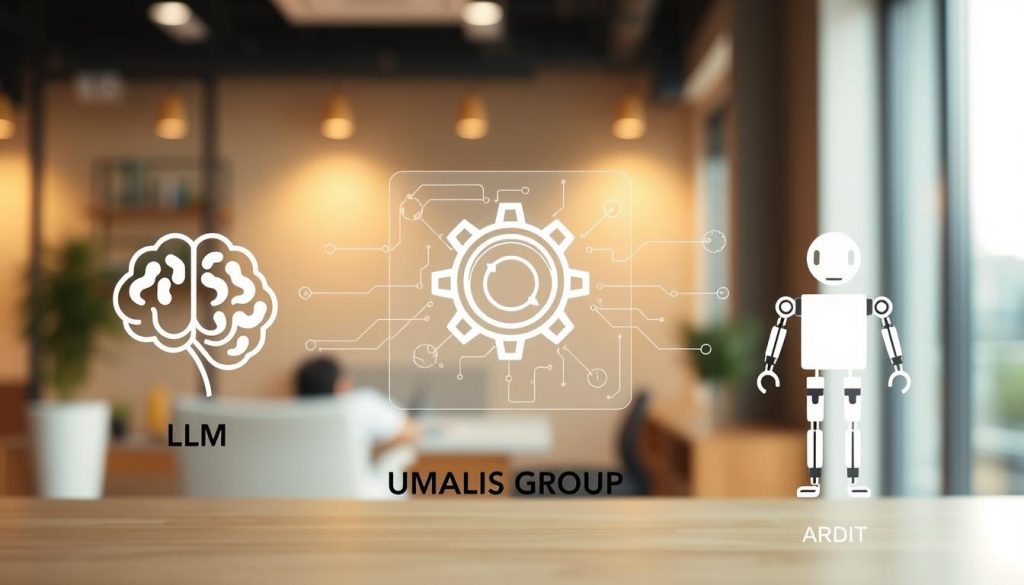 A visually engaging illustration depicting the differences between LLM (Large Language Models), generative artificial intelligence, and agents. In the foreground, feature three distinct, simplified icons representing each concept: a stylized brain for LLM, a creative gear mechanism for generative AI, and a robotic figure for agents. The middle ground should display a transparent, digital interface with flowing data streams connecting the icons, suggesting interaction and communication. The background can feature a modern office environment with soft lighting, conveying a professional atmosphere, and a slight blur to keep the focus on the foreground elements. Use a warm color palette to promote clarity and understanding, perfect for the context of a business-oriented article. Include the brand name "UMALIS GROUP" subtly integrated into the design.
