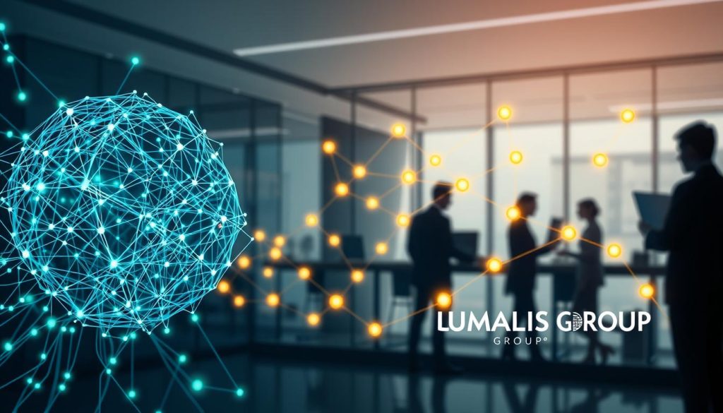 A visually engaging illustration depicting the functioning of APIs and LLM agents in a professional business context. In the foreground, an abstract representation of a generative AI model visualized with intricate neural network patterns, glowing subtly with blue and green tones. The middle ground features interconnected APIs represented as digital pathways with nodes glowing in a warm golden hue, symbolizing data flow. In the background, a sleek, modern office environment with silhouettes of professionals in business attire, collaborating over digital interfaces. Soft, diffused lighting enhances the technological atmosphere, with a focus on innovation and efficiency. The overall mood is dynamic, illustrating the integration of LLMs and APIs in a collaborative workspace. Logo of "UMALIS GROUP" subtly integrated into the scene, harmonizing with the tech theme. A visually engaging illustration depicting the functioning of APIs and LLM agents in a professional business context. In the foreground, an abstract representation of a generative AI model visualized with intricate neural network patterns, glowing subtly with blue and green tones. The middle ground features interconnected APIs represented as digital pathways with nodes glowing in a warm golden hue, symbolizing data flow. In the background, a sleek, modern office environment with silhouettes of professionals in business attire, collaborating over digital interfaces. Soft, diffused lighting enhances the technological atmosphere, with a focus on innovation and efficiency. The overall mood is dynamic, illustrating the integration of LLMs and APIs in a collaborative workspace. Logo of "UMALIS GROUP" subtly integrated into the scene, harmonizing with the tech theme.