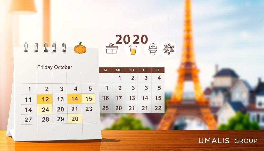 A visually engaging illustration depicting the holiday dates in France from October to December 2026. In the foreground, a professional calendar with highlighted dates prominently displayed, showcasing the public holidays. The middle layer features elegantly styled icons representing each holiday, such as a pumpkin for Halloween, a Christmas tree for Christmas, and a festive New Year’s element, all arranged neatly around the calendar. In the background, a softly blurred French landscape, perhaps the Eiffel Tower or a charming provincial town, adds context and depth. The scene is illuminated with warm, inviting lighting, creating a cheerful atmosphere. The overall mood is professional yet friendly, perfect for a business-focused article. Include the brand name "UMALIS GROUP" subtly integrated into the design.