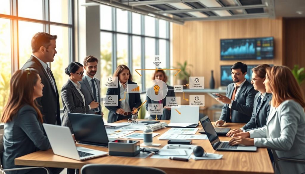 A visually engaging illustration depicting the mechanism of retirement contributions in the context of "portage salarial" in France. In the foreground, a diverse group of professionals, dressed in smart business attire, engage in a discussion around a table adorned with charts and financial reports. In the middle, a detailed diagram illustrating the flow of contributions and benefits, with arrows and icons symbolizing retirement plans and investment growth, seems to emerge from the table. The background features an office environment with large windows allowing natural light to flood in, creating a warm and inviting atmosphere. Subtle hints of technology, such as laptops and digital screens displaying financial data, add a modern touch, embodying the professional landscape of UMALIS GROUP. The mood is collaborative and optimistic, conveying the importance of planning for retirement successfully.