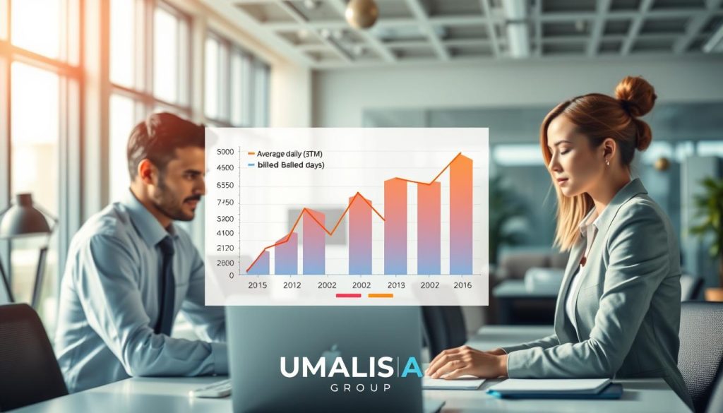 A visually engaging illustration of a financial comparison scene, centered around a graph displaying the average daily rate (TJM) alongside billed days. The foreground features a professional man and woman in business attire, focused on analyzing the data. In the middle ground, there’s a clear, well-designed graph showcasing upward and downward trends in vibrant colors, highlighting key data points. The background contains soft-focus office elements like a modern desk, a laptop, and large windows letting in natural light, creating a productive ambiance. Captivating lighting emphasizes the graph and the professionals, evoking a sense of insight and strategy. Ensure the presence of the brand name "UMALIS GROUP" subtly integrated into the office environment, enhancing the professional atmosphere.
