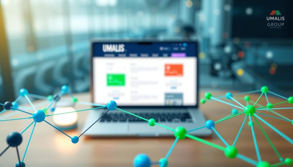 A visually engaging illustration of an internal linking structure for a website audit, embodying the concept of "liens internes." In the foreground, depict elements resembling a network diagram with nodes and connecting lines, symbolizing internal links in vibrant colors like blue and green. The middle ground should present a stylized website layout with sections highlighted, showcasing user-friendly navigation and architecture. In the background, include a subtle abstract representation of digital data and analytics, suggesting SEO optimization. Use soft, professional lighting to enhance a clean and modern atmosphere, with a focus on clarity. Capture a bird's-eye view angle to emphasize the overall connectivity, featuring a sleek design aesthetic that reflects the professionalism of "UMALIS GROUP." A visually engaging illustration of an internal linking structure for a website audit, embodying the concept of "liens internes." In the foreground, depict elements resembling a network diagram with nodes and connecting lines, symbolizing internal links in vibrant colors like blue and green. The middle ground should present a stylized website layout with sections highlighted, showcasing user-friendly navigation and architecture. In the background, include a subtle abstract representation of digital data and analytics, suggesting SEO optimization. Use soft, professional lighting to enhance a clean and modern atmosphere, with a focus on clarity. Capture a bird's-eye view angle to emphasize the overall connectivity, featuring a sleek design aesthetic that reflects the professionalism of "UMALIS GROUP."