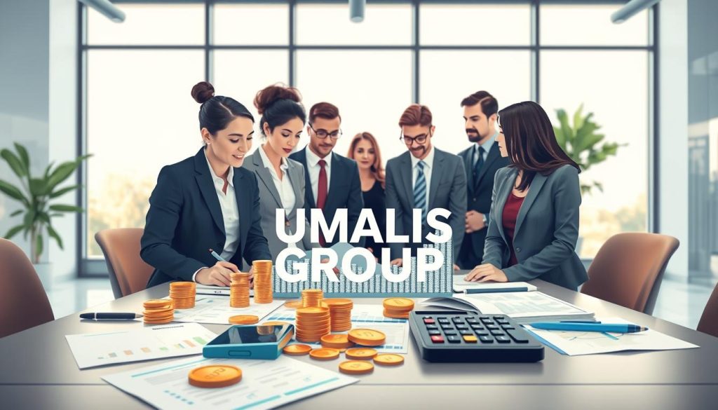 A visually engaging illustration representing "cotisations sociales," focusing on the financial aspect of freelance work. In the foreground, display a diverse group of professional individuals in business attire, engaged in a discussion around financial documents and charts. The middle layer should include various symbols of social contributions, such as coins, graphs, and calculators, artistically arranged to reflect financial growth and stability. The background should depict a modern office setting with large windows allowing natural light to fill the space, creating a bright and optimistic atmosphere. The image should subtly incorporate the brand name "UMALIS GROUP" within the financial materials on the table, ensuring it blends naturally into the scene. Aim for a sense of collaboration and professionalism in the composition.