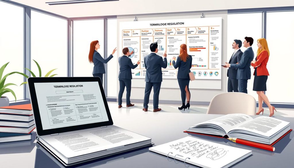 A visually engaging illustration representing "terminologie réglementation." In the foreground, a sleek, modern office desk is adorned with legal books, an open laptop displaying a regulatory framework chart, and a notepad with handwritten notes. In the middle ground, a diverse group of professionals in business attire are discussing, pointing at a large wall-mounted infographic that visually illustrates key terminology and distinctions in French regulation. The background features large windows, allowing soft, natural light to flow in, creating an inviting atmosphere. The overall mood is focused and collaborative, showcasing the importance of clarity in legal terminology. The scene should convey professionalism and accessibility, without any text or watermarks. A visually engaging illustration representing "terminologie réglementation." In the foreground, a sleek, modern office desk is adorned with legal books, an open laptop displaying a regulatory framework chart, and a notepad with handwritten notes. In the middle ground, a diverse group of professionals in business attire are discussing, pointing at a large wall-mounted infographic that visually illustrates key terminology and distinctions in French regulation. The background features large windows, allowing soft, natural light to flow in, creating an inviting atmosphere. The overall mood is focused and collaborative, showcasing the importance of clarity in legal terminology. The scene should convey professionalism and accessibility, without any text or watermarks.