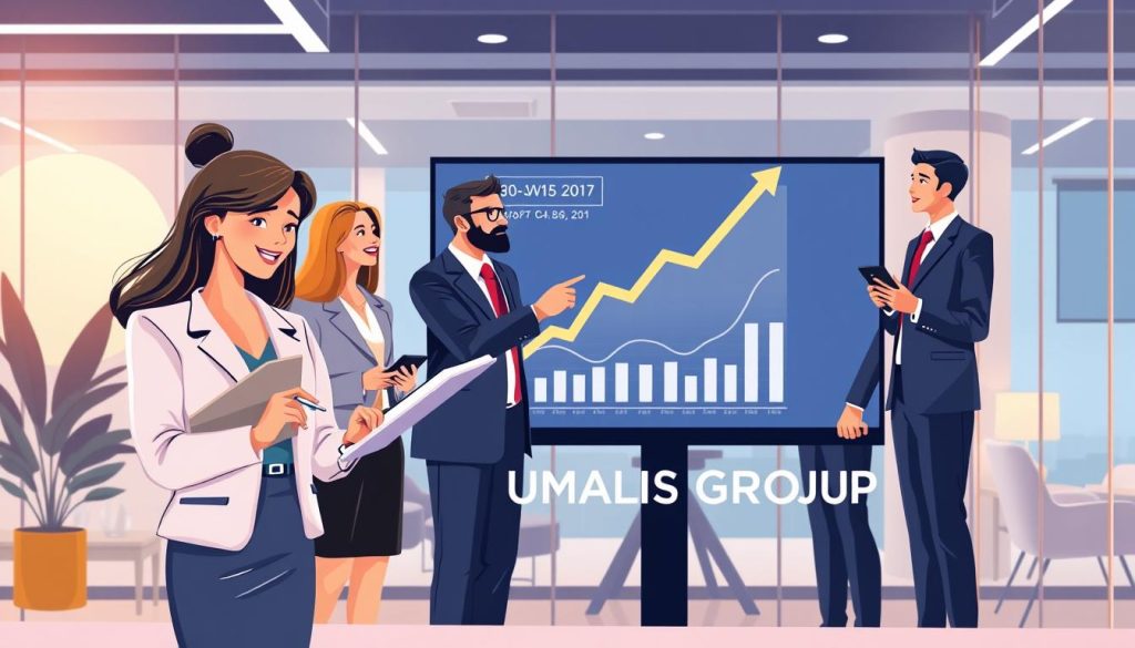 A visually engaging illustration representing the growth indicators of portage salarial, featuring a diverse group of professionals in smart business attire analyzing data on digital devices. In the foreground, a confident woman highlights a bar graph on a tablet, while in the middle, an engaged man points to a rising arrow on a large screen displaying financial trends. The background should depict a modern office environment with glass walls, emphasizing transparency and collaboration, lit with soft, warm lighting to create an inviting atmosphere. The overall mood should convey professionalism and optimism about the future of portage salarial. Include the brand name "UMALIS GROUP" subtly integrated into the office décor.