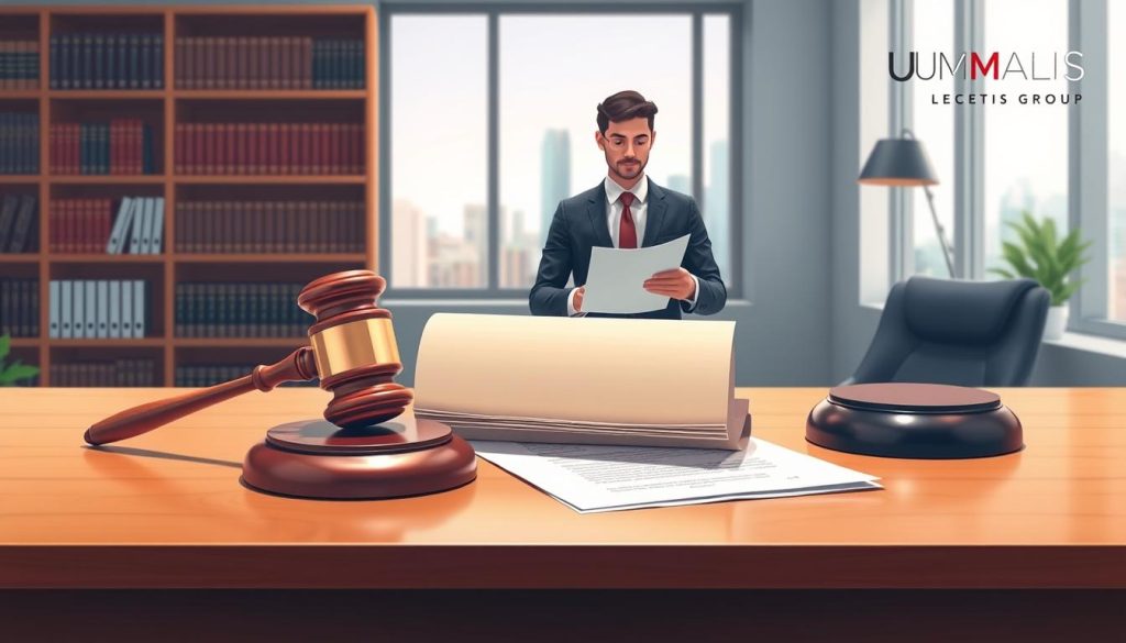 A visually engaging illustration representing the legal framework of labor law, focusing on key elements of the "Code du Travail". In the foreground, a polished wooden desk displays legal documents and a gavel, emphasizing professionalism. In the middle, a confident business person in formal attire reviews a document, symbolizing compliance and responsibility. Surrounding them, a subtle background features shelves filled with law books and a window showcasing a cityscape, reflecting the modern workplace environment. Soft, natural lighting filters through the window, creating a balanced and professional atmosphere. The scene should convey a sense of authority and clarity, encapsulating the importance of understanding labor laws. The branding “UMALIS GROUP” is subtly integrated into the design elements, enhancing the overall composition while remaining non-intrusive.