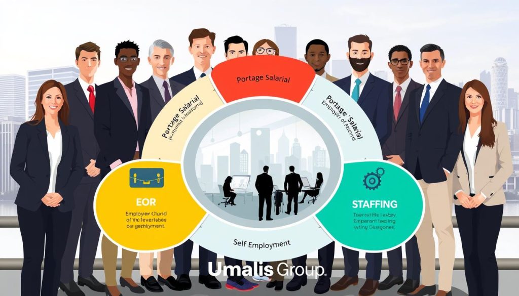 A visually engaging illustration that depicts the differences between various employment models: Portage Salarial, EOR (Employer of Record), Staffing, and Self-Employment. In the foreground, a diverse group of professionals in smart business attire stands around a large circular infographic. Each segment of the infographic visually represents different employment models with distinct colors and icons symbolizing each type, such as a briefcase for Portage Salarial and gears for Staffing. The middle layer features abstract representations of office settings, symbolizing the environments associated with each model. In the background, a skyline of a modern city under a bright, clear sky creates a professional atmosphere. The scene is well-lit, conveying clarity and insight, with a neutral color palette that emphasizes professionalism. The brand "Umalis Group" subtly integrated into the design enhances the image's context without overwhelming the viewer.