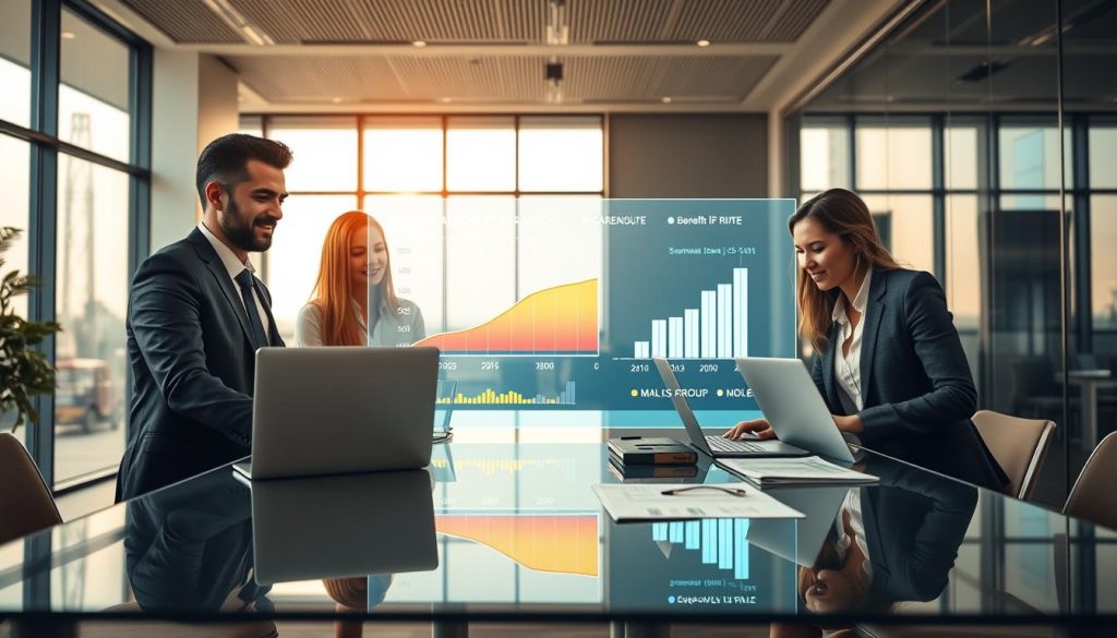 A visually engaging image depicting the concept of "cumul allocations et revenus" in a professional setting. In the foreground, a diverse group of three professionals, wearing business attire, are gathered around a modern glass table with laptops and financial documents. The middle ground features a large digital display showing graphs and charts representing income and unemployment benefits, with bright colors signifying positive growth. In the background, a sleek office environment with large windows allowing natural light to illuminate the scene, creating a productive atmosphere. The lighting should be warm and inviting, conveying a sense of collaboration and financial insight. Include subtle branding elements of "UMALIS GROUP" integrated into the digital display design. The overall mood should be one of security and professionalism, illustrating the balance between income and benefits in a career-focused context.