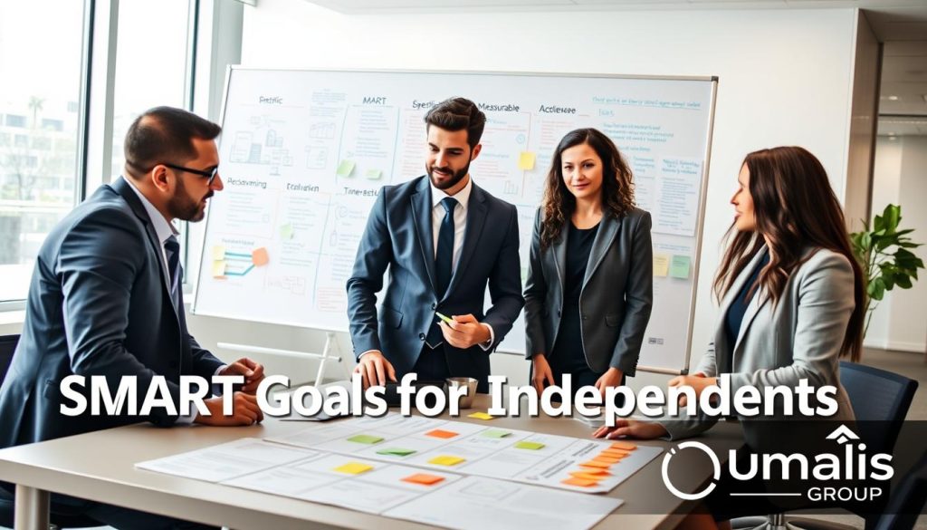 A visually engaging image representing "SMART Goals for Independents" in a sleek, modern office environment. In the foreground, a diverse group of three professionals dressed in smart business attire, discussing over a table with charts and sticky notes illustrating the SMART framework (Specific, Measurable, Achievable, Relevant, Time-bound). In the middle ground, a large whiteboard filled with colorful diagrams and notes about project management and goal-setting strategies. The background features a bright, airy office with large windows allowing natural light to flood in, accentuating the collaborative atmosphere. The mood is focused and determined, illustrating the principles of effective mission tracking for independent professionals. The Umalis Group logo subtly placed in the corner without any text overlays.