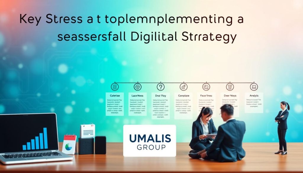 A visually engaging infographic representing "Key Steps to Implementing a Successful Digital Strategy." In the foreground, feature stylized icons depicting essential elements: a laptop, a network graph, and a calendar, all rendered in a modern, flat design. In the middle ground, create a flowchart with seven distinct stages, each symbolized by professional business figures in suits, working collaboratively over a digital tablet, brainstorming ideas, and analyzing data. The background should be a vibrant, abstract representation of technology and connectivity, with subtle circuit patterns and soft gradient hues of blue and green to evoke innovation and creativity. The scene is well-lit with a clean, professional atmosphere. Include the brand name "UMALIS GROUP" prominently within the design, ensuring it complements the overall theme without overwhelming the visual.