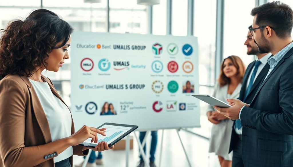 A visually engaging office environment showcasing a diverse group of professionals actively discussing project management certifications. In the foreground, a well-dressed woman points at a chart on a digital tablet, while a man in business attire takes notes. In the middle ground, a large presentation board displays various certification logos, including "UMALIS GROUP," surrounded by images representing project management methodologies. The background features a bright, modern office space with large windows, allowing natural light to flood the room, enhancing the atmosphere of collaboration and learning. The image captures a dynamic and focused mood, emphasizing the importance of education and professional development in project management.
