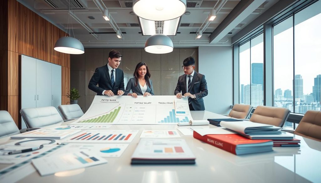 A visually engaging office scene depicting the concept of salary structure in "portage salarial" versus traditional CDI. In the foreground, a diverse group of three professionals in smart business attire discusses over a sleek conference table filled with charts and documents illustrating fixed and variable salary models. The middle ground features a large whiteboard filled with graphs comparing the two compensation methods, while bright overhead lights illuminate the space, creating a productive atmosphere. In the background, large windows reveal a city skyline, suggesting a vibrant business environment. The overall mood conveys a sense of collaboration and focus, highlighting the complexities of modern employment compensation. High detail, wide-angle shot for dynamic perspective.