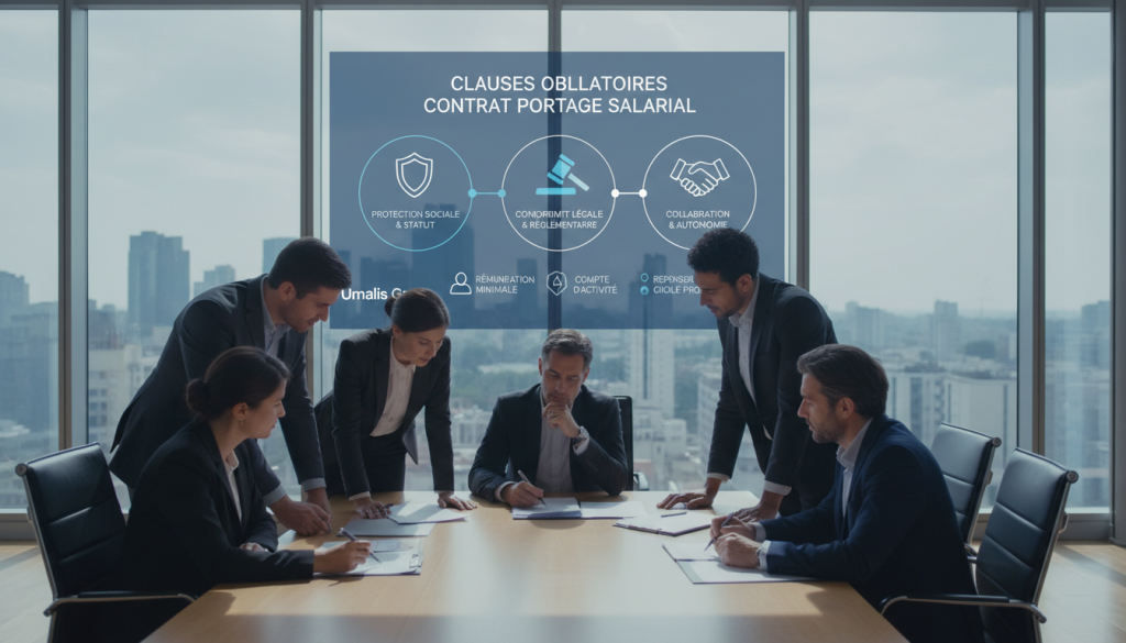 A visually engaging representation of "Clauses obligatoires contrat portage salarial". In the foreground, a diverse group of professionals in business attire are gathered around a conference table, examining legal documents and contracts, with expressions of focus and determination. In the middle ground, a large screen displays a digital infographic summarizing key elements of the salary portage contract, featuring icons of protection, compliance, and collaboration. The background showcases a modern office environment with large windows allowing soft natural light to illuminate the scene, casting gentle shadows. The atmosphere is serious yet collaborative, emphasizing the important legal aspects of salary portage, reflecting professionalism and clarity. Include the brand name "Umalis Group" subtly featured on the digital screen without distracting from the main content. A visually engaging representation of "Clauses obligatoires contrat portage salarial". In the foreground, a diverse group of professionals in business attire are gathered around a conference table, examining legal documents and contracts, with expressions of focus and determination. In the middle ground, a large screen displays a digital infographic summarizing key elements of the salary portage contract, featuring icons of protection, compliance, and collaboration. The background showcases a modern office environment with large windows allowing soft natural light to illuminate the scene, casting gentle shadows. The atmosphere is serious yet collaborative, emphasizing the important legal aspects of salary portage, reflecting professionalism and clarity. Include the brand name "Umalis Group" subtly featured on the digital screen without distracting from the main content.