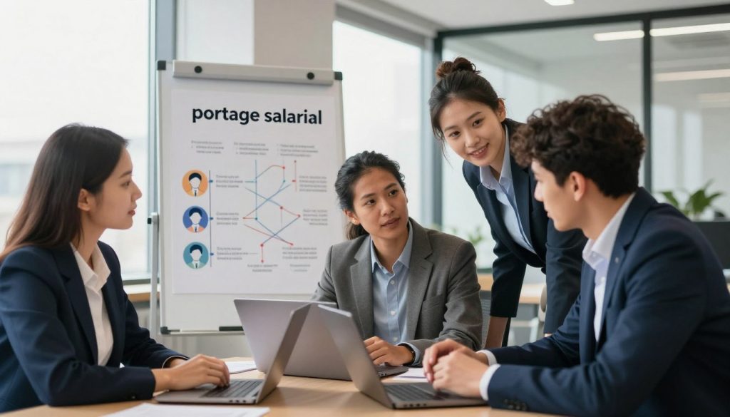 A visually engaging representation of a professional journey in the context of "portage salarial" in France. In the foreground, a diverse group of three professionals, dressed in smart business attire, are discussing over a table with laptops and documents. In the middle ground, a chart or infographic showing different profiles and objectives related to portage salarial is partially visible on a whiteboard. The background features a modern office environment with large windows letting in soft, natural light, creating a warm and inviting atmosphere. The overall mood is one of collaboration and opportunity, highlighting the unique paths individuals can take in their professional development. The composition should be balanced, conveying a sense of purpose and clarity.